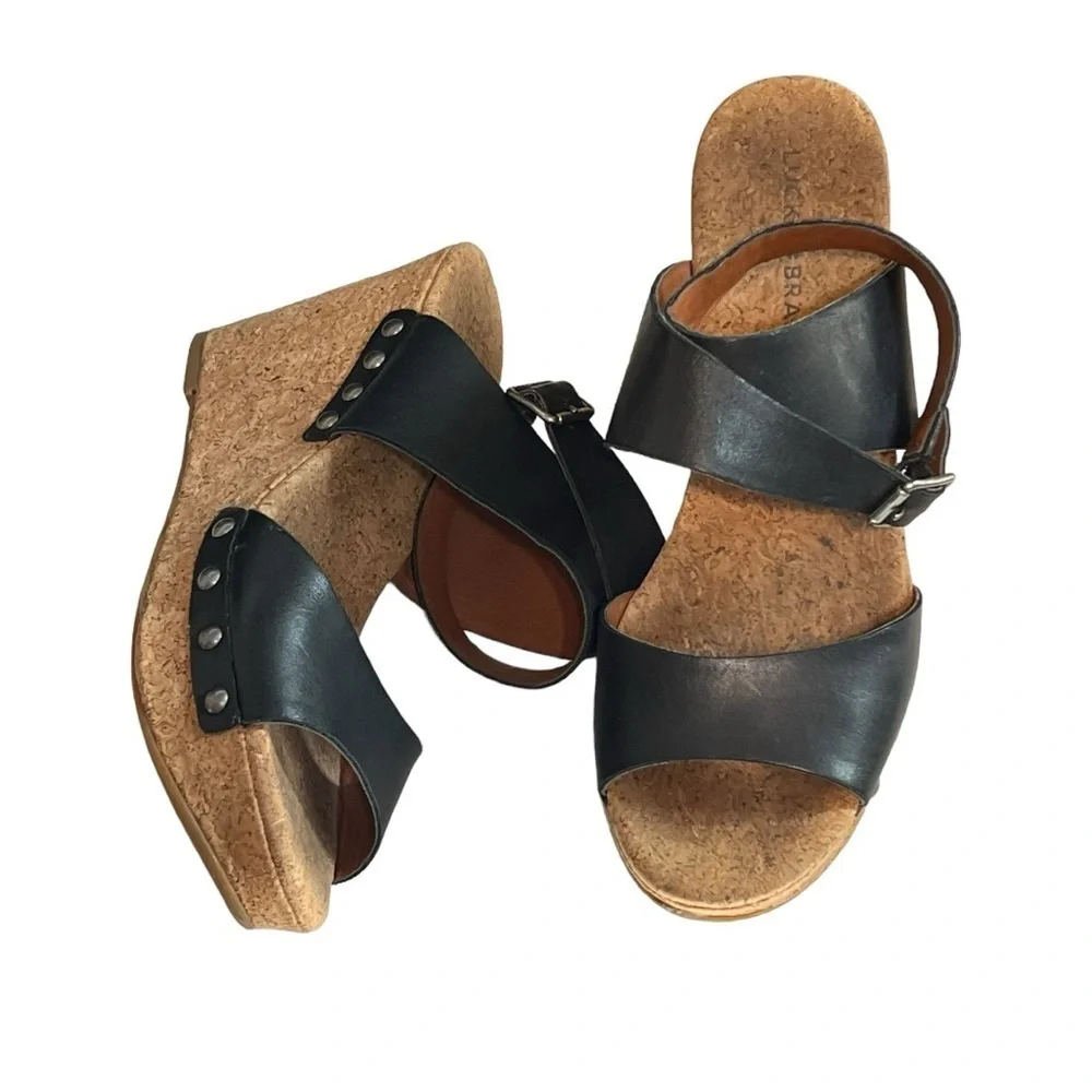 Lucky Brand Moran Cork Wedge Sandals Black Leather Studded Platform Size 8.5